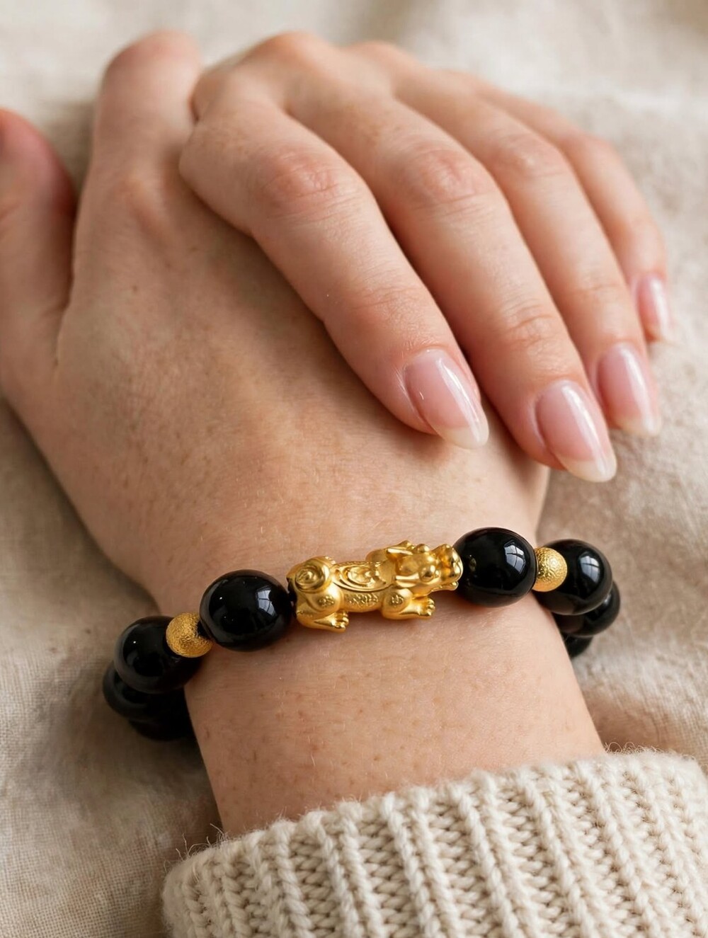 Feng Shui Black Obsidian Pixiu Bracelet Gold Wealth Men Women Protection 46.25g